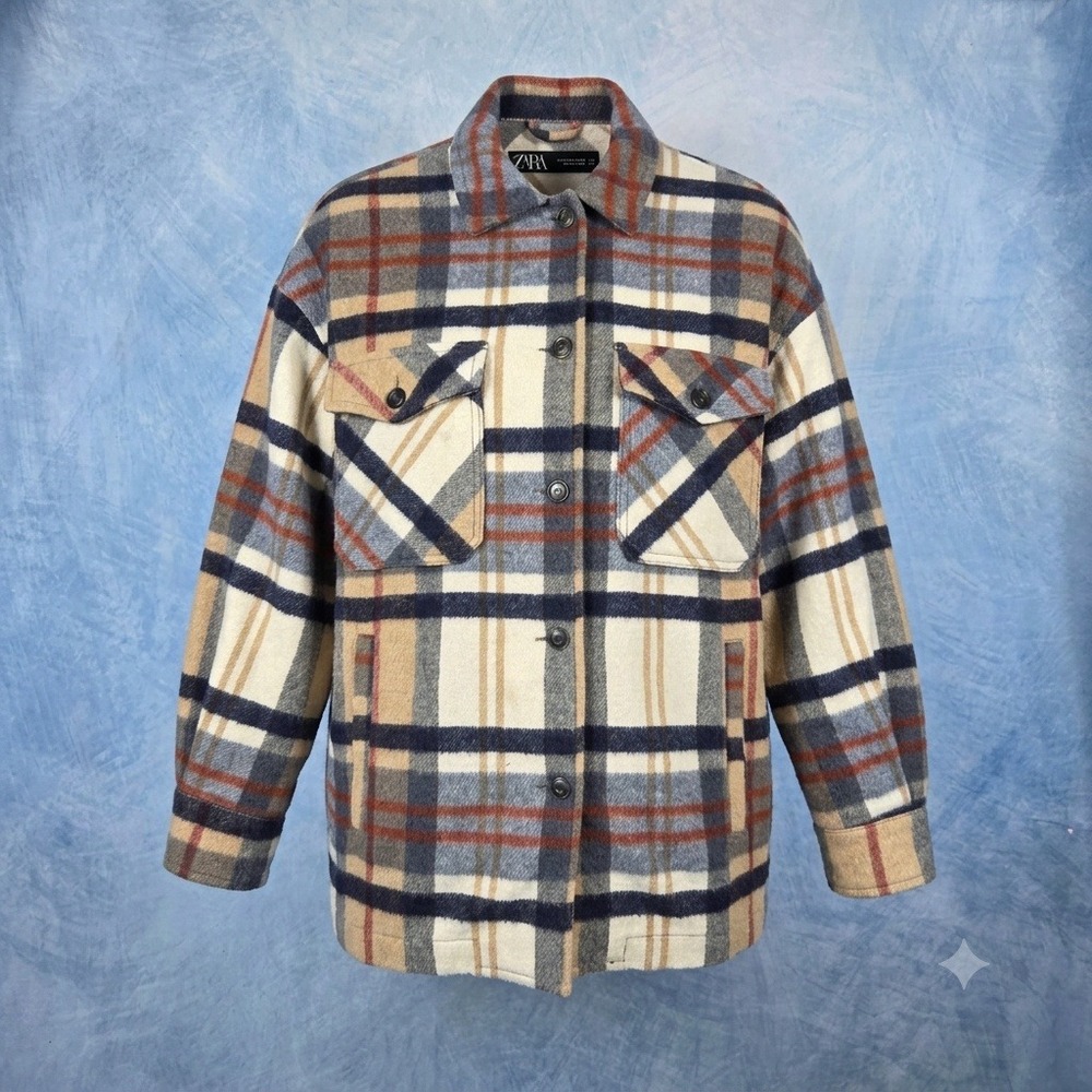 Zara‎ Womens Plaid Shacket Oversized Shirt Jacket Tan Navy Rust Medium 3831